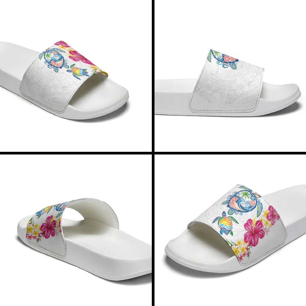 Hawaiian Abstract Art Turtles Slide Sandals with Plumeria and Hibiscus - Polynesian Pride
