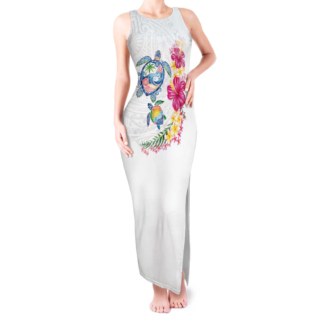 Hawaiian Abstract Art Turtles Tank Maxi Dress with Plumeria and Hibiscus - Polynesian Pride
