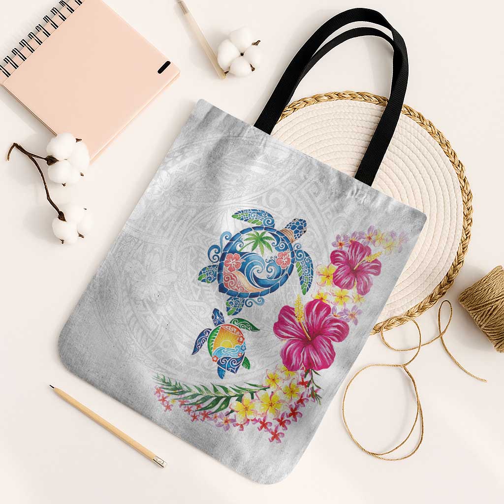 Hawaiian Abstract Art Turtles Tote Bag with Plumeria and Hibiscus - Polynesian Pride