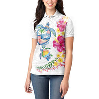 Hawaiian Abstract Art Turtles Women Polo Shirt with Plumeria and Hibiscus - Polynesian Pride
