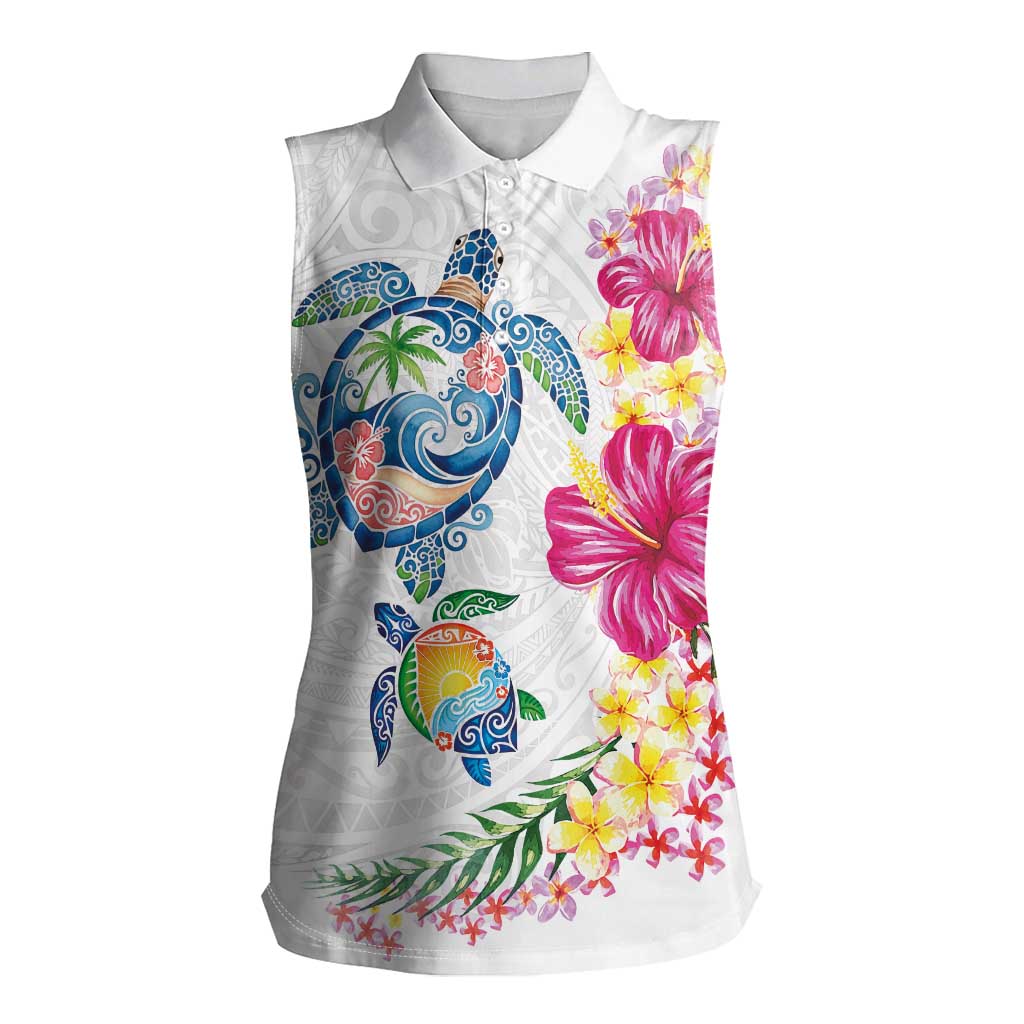 Hawaiian Abstract Art Turtles Women Sleeveless Polo Shirt with Plumeria and Hibiscus - Polynesian Pride