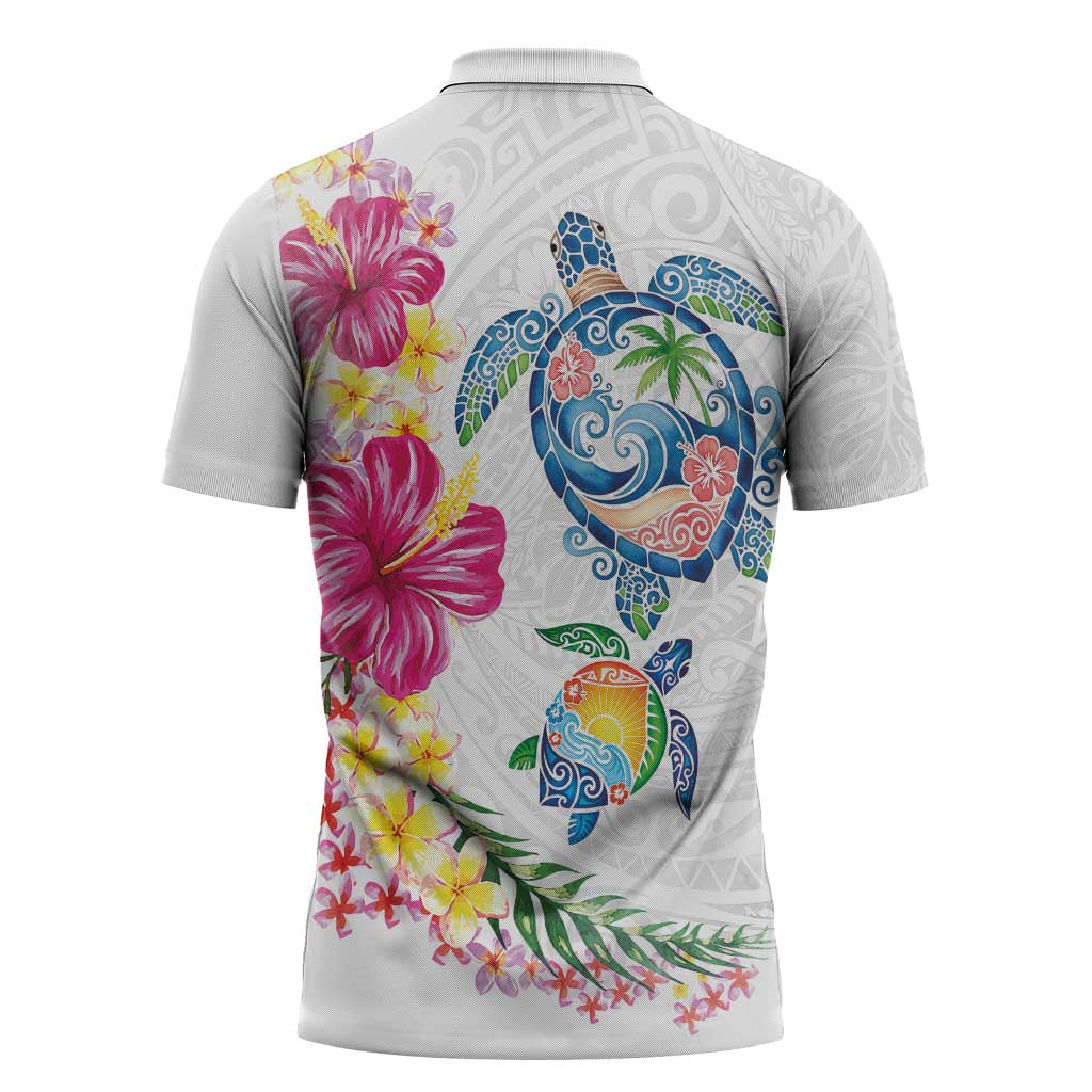 Hawaiian Abstract Art Turtles Zipper Polo Shirt with Plumeria and Hibiscus - Polynesian Pride