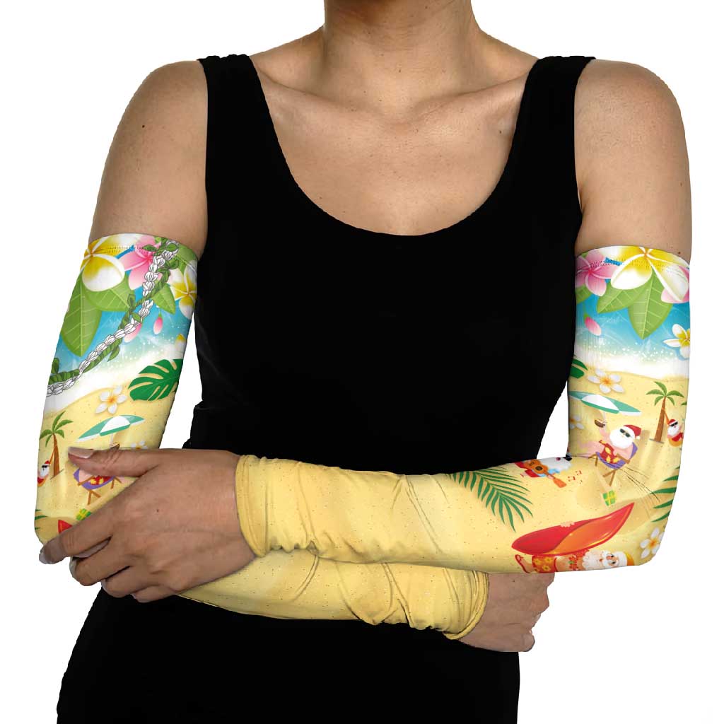 Hawaiian Mele Kalikimaka Arm Sleeves Tropical Plumeria and Lei Funny Santa Beach - Polynesian Pride