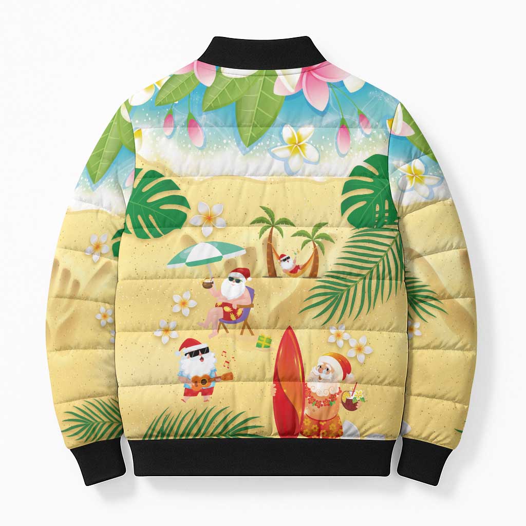 Hawaiian Mele Kalikimaka Bomber Puffer Jacket Tropical Plumeria and Lei Funny Santa Beach - Polynesian Pride