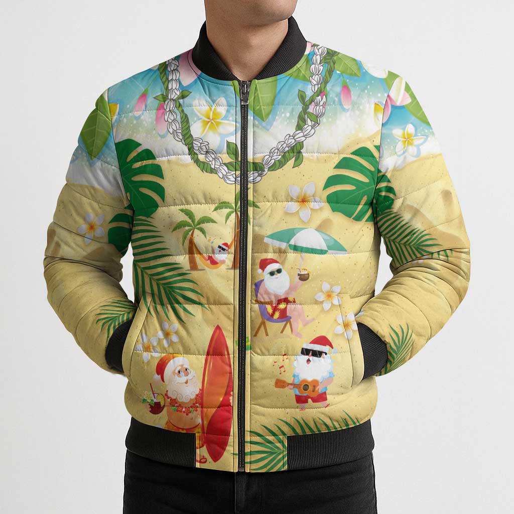 Hawaiian Mele Kalikimaka Bomber Puffer Jacket Tropical Plumeria and Lei Funny Santa Beach - Polynesian Pride
