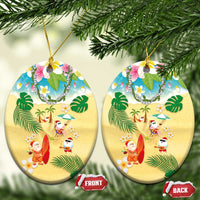 Hawaiian Mele Kalikimaka Ceramic Ornament Funny Santa Claus on Beach with Tropical Plants and Lei - Polynesian Pride