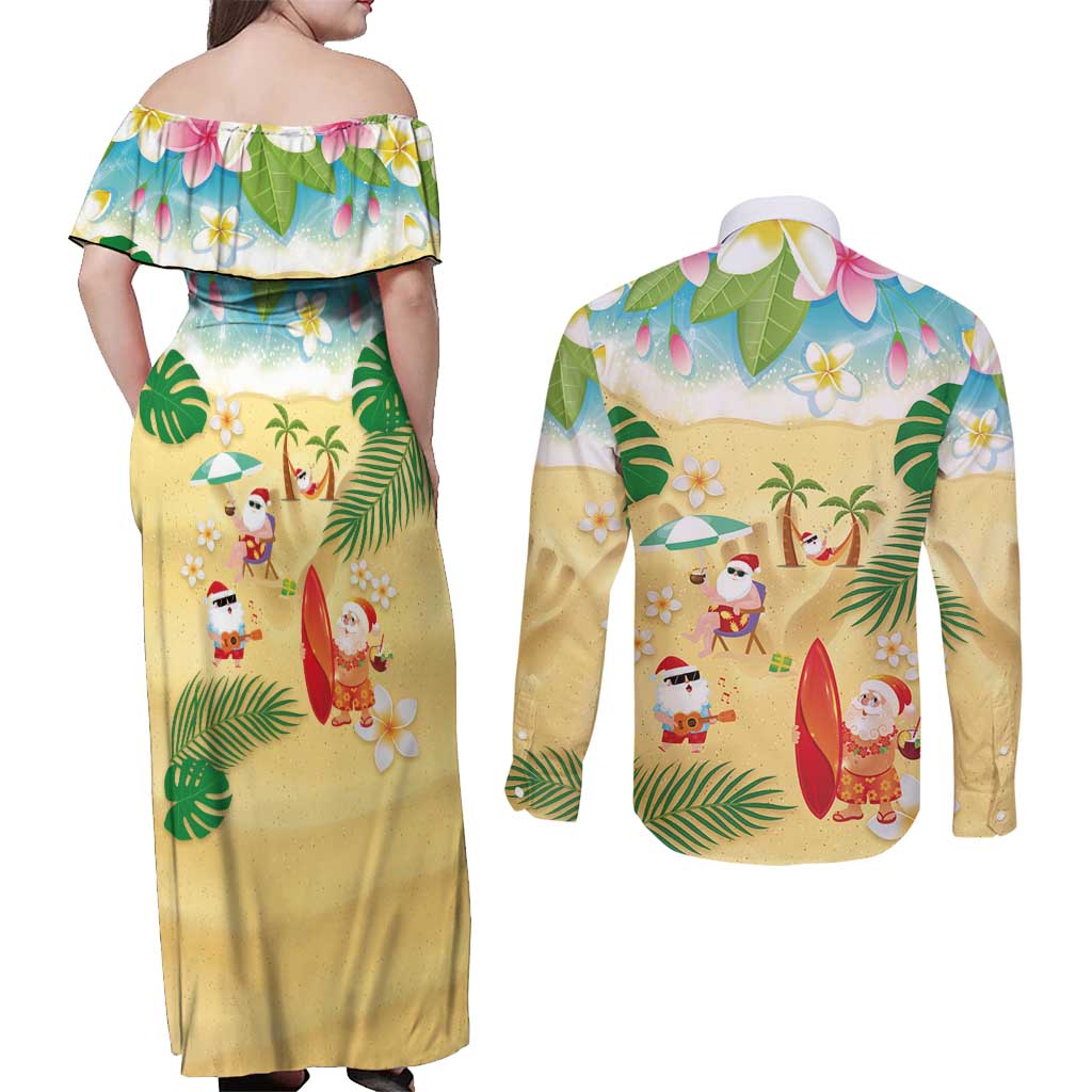 Hawaiian Mele Kalikimaka Couples Matching Off Shoulder Maxi Dress and Long Sleeve Button Shirt Tropical Plumeria and Lei Funny Santa Beach - Polynesian Pride