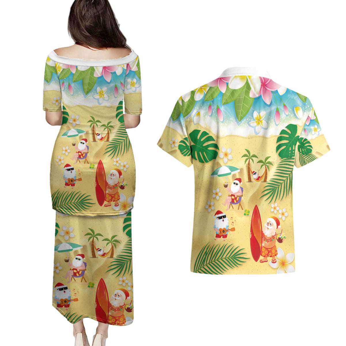 Hawaiian Mele Kalikimaka Couples Matching Puletasi and Hawaiian Shirt Tropical Plumeria and Lei Funny Santa Beach - Polynesian Pride