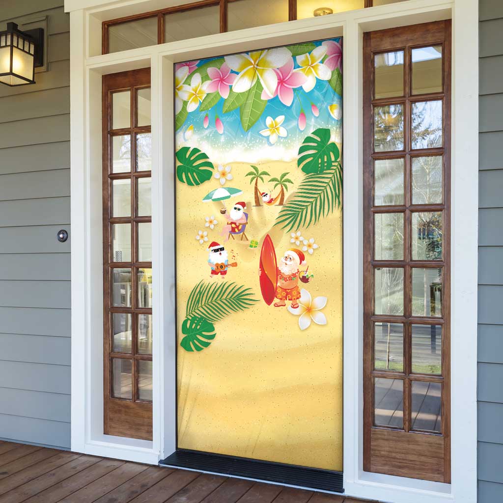 Hawaiian Mele Kalikimaka Door Cover Tropical Plumeria and Lei Funny Santa Beach - Polynesian Pride