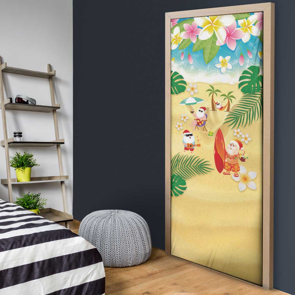 Hawaiian Mele Kalikimaka Door Cover Tropical Plumeria and Lei Funny Santa Beach - Polynesian Pride