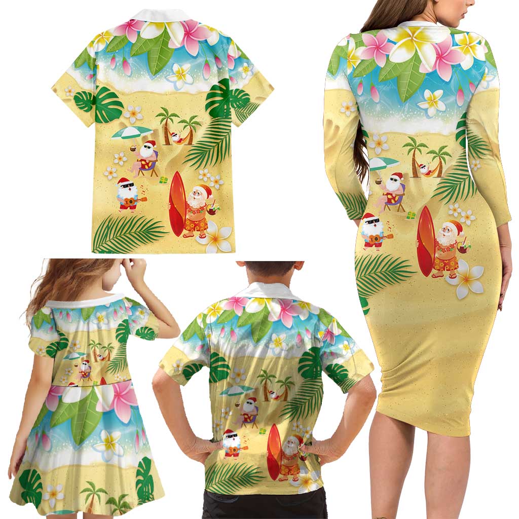 Hawaiian Mele Kalikimaka Family Matching Long Sleeve Bodycon Dress and Hawaiian Shirt Tropical Plumeria and Lei Funny Santa Beach - Polynesian Pride