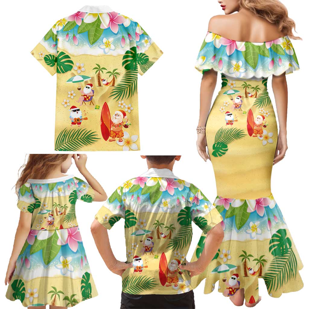 Hawaiian Mele Kalikimaka Family Matching Mermaid Dress and Hawaiian Shirt Tropical Plumeria and Lei Funny Santa Beach - Polynesian Pride