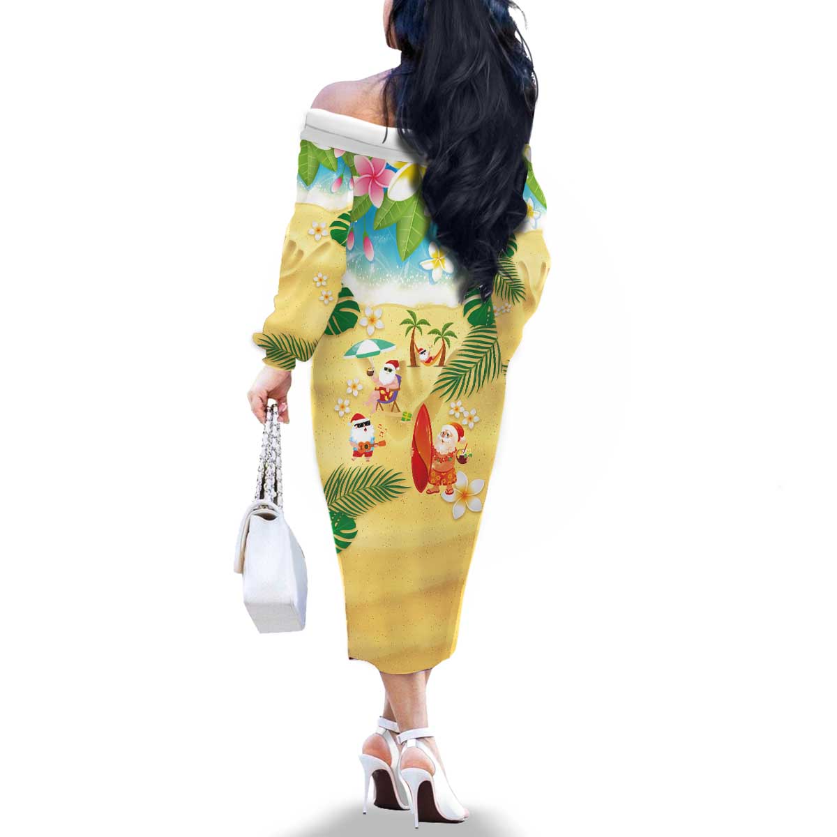 Hawaiian Mele Kalikimaka Family Matching Off The Shoulder Long Sleeve Dress and Hawaiian Shirt Tropical Plumeria and Lei Funny Santa Beach - Polynesian Pride