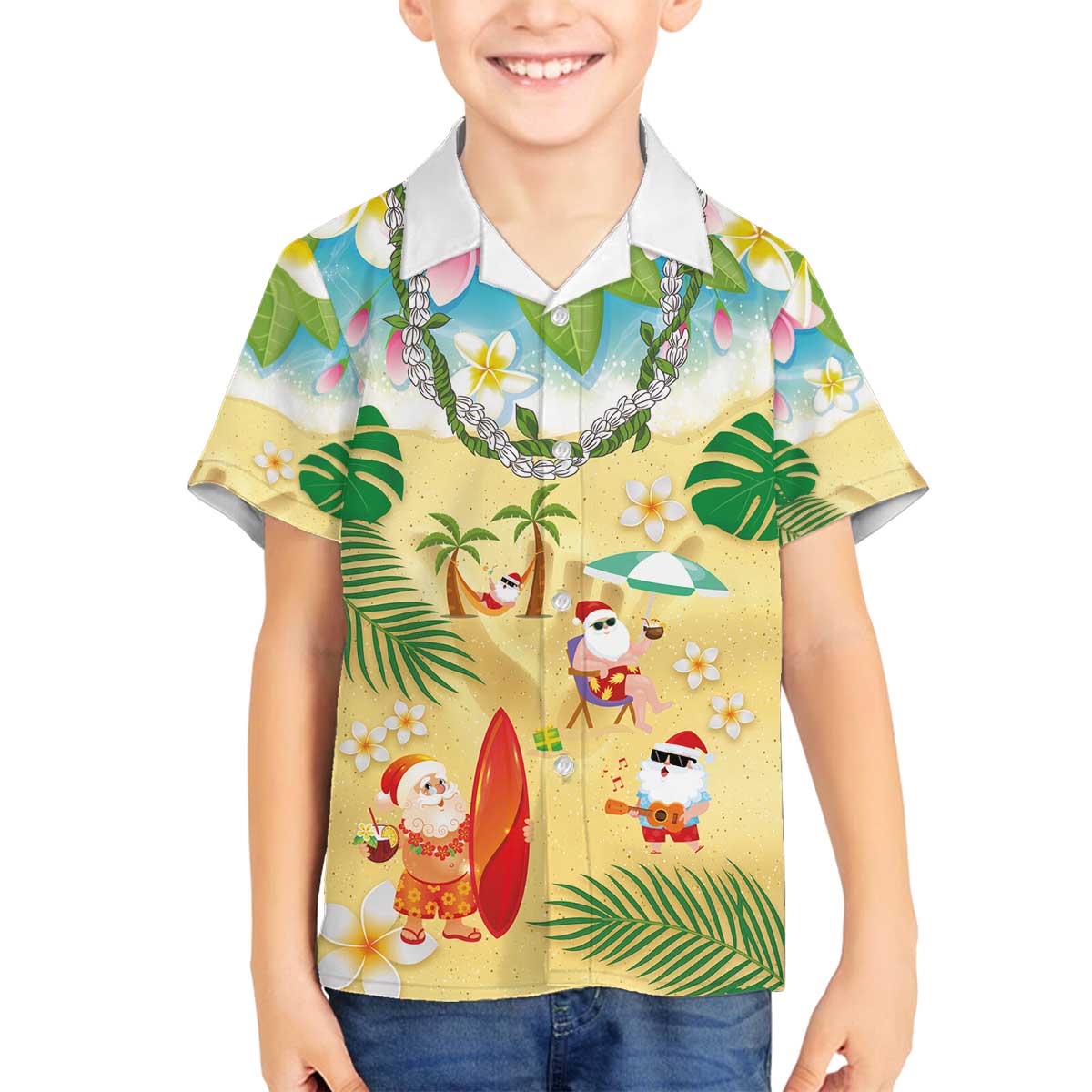 Hawaiian Mele Kalikimaka Family Matching Off The Shoulder Long Sleeve Dress and Hawaiian Shirt Tropical Plumeria and Lei Funny Santa Beach - Polynesian Pride