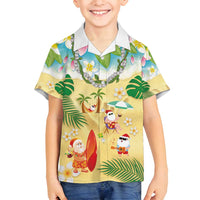 Hawaiian Mele Kalikimaka Family Matching Off Shoulder Short Dress and Hawaiian Shirt Tropical Plumeria and Lei Funny Santa Beach - Polynesian Pride