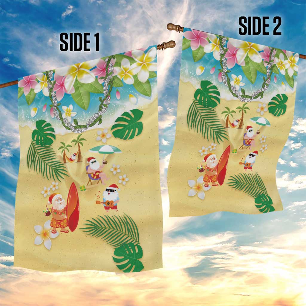 Hawaiian Mele Kalikimaka Garden Flag Tropical Plumeria and Lei Funny Santa Beach - Polynesian Pride