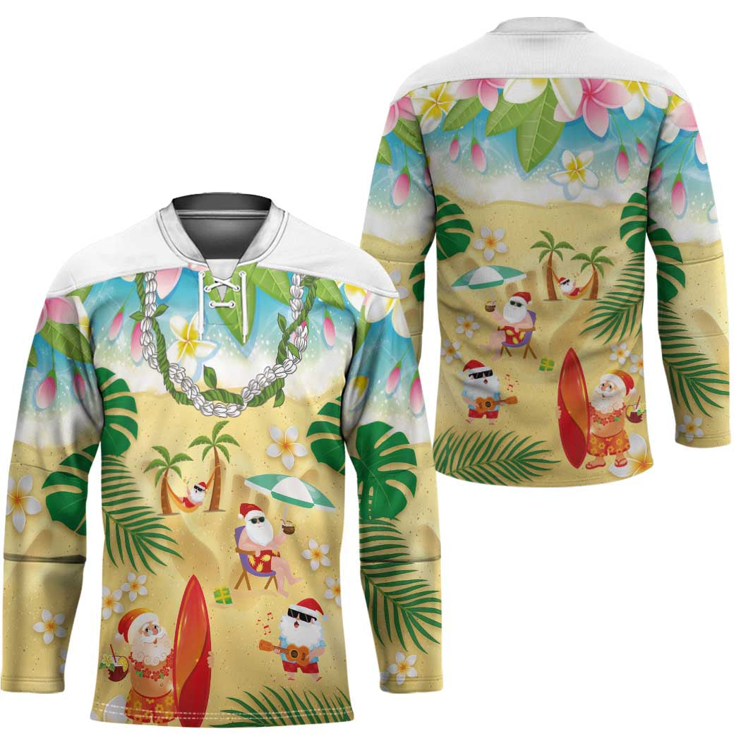 Hawaiian Mele Kalikimaka Hockey Jersey Tropical Plumeria and Lei Funny Santa Beach - Polynesian Pride