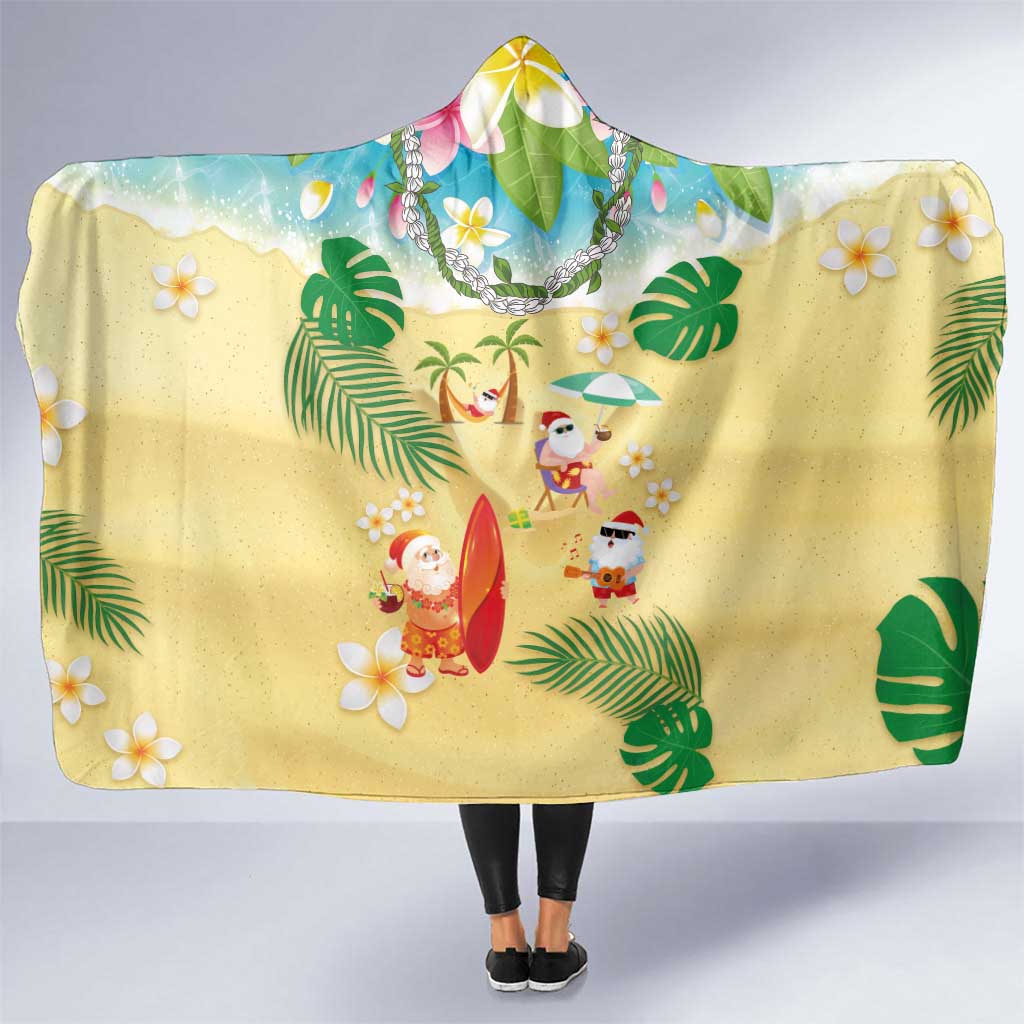 Hawaiian Mele Kalikimaka Hooded Blanket Tropical Plumeria and Lei Funny Santa Beach - Polynesian Pride