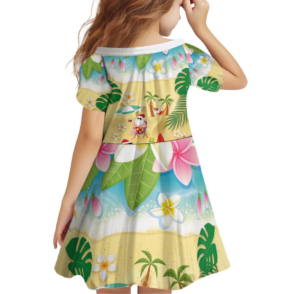 Hawaiian Mele Kalikimaka Kid Short Sleeve Dress Tropical Plumeria and Lei Funny Santa Beach - Polynesian Pride
