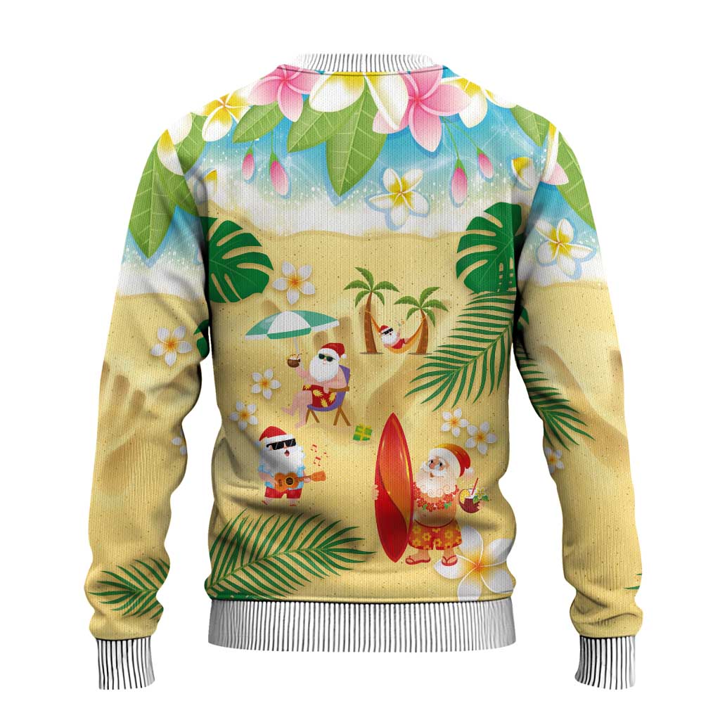 Hawaiian Mele Kalikimaka Ugly Christmas Sweater Funny Santa Claus on Beach with Tropical Plants and Lei - Polynesian Pride