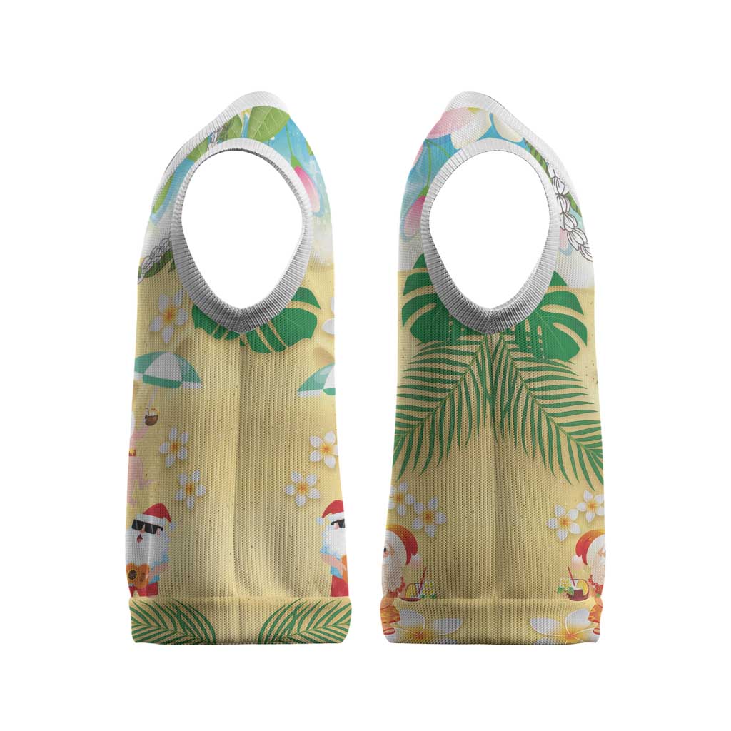 Hawaiian Mele Kalikimaka Christmas Knitted V-Neck Vest Funny Santa Claus on Beach with Tropical Plants and Lei - Polynesian Pride