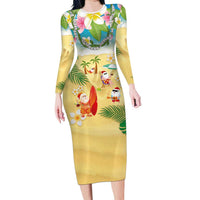 Hawaiian Mele Kalikimaka Long Sleeve Bodycon Dress Tropical Plumeria and Lei Funny Santa Beach - Polynesian Pride
