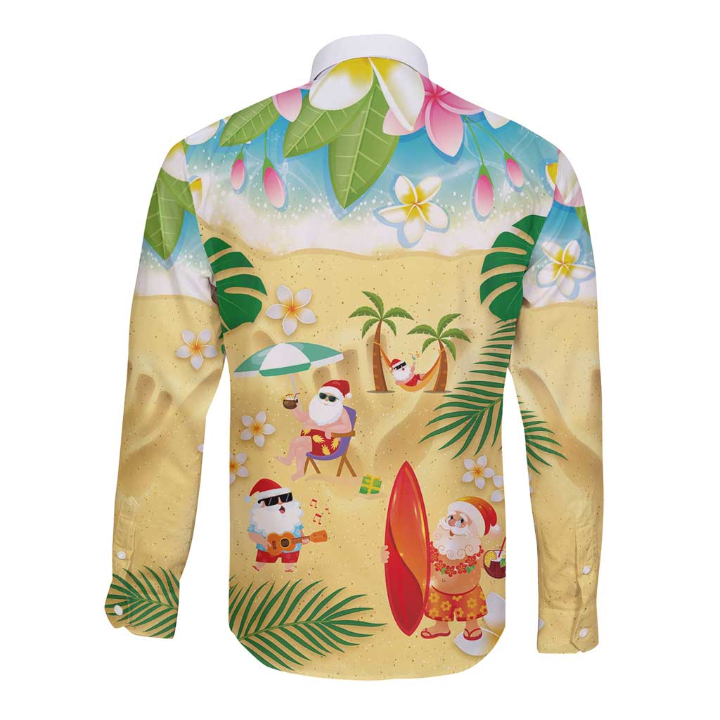 Hawaiian Mele Kalikimaka Long Sleeve Button Shirt Tropical Plumeria and Lei Funny Santa Beach - Polynesian Pride