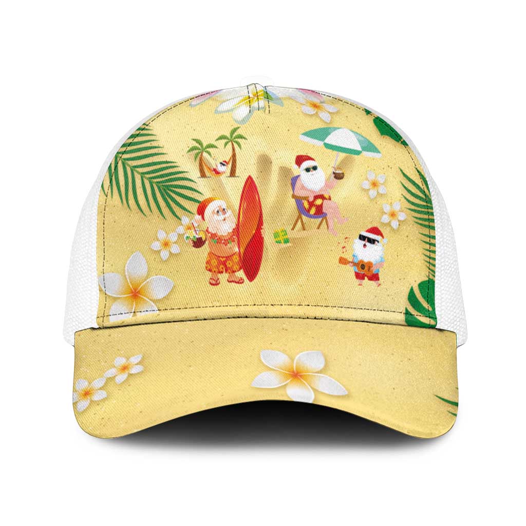 Hawaiian Mele Kalikimaka Mesh Trucker Cap Funny Santa Claus on Beach with Tropical Plants and Lei - Polynesian Pride