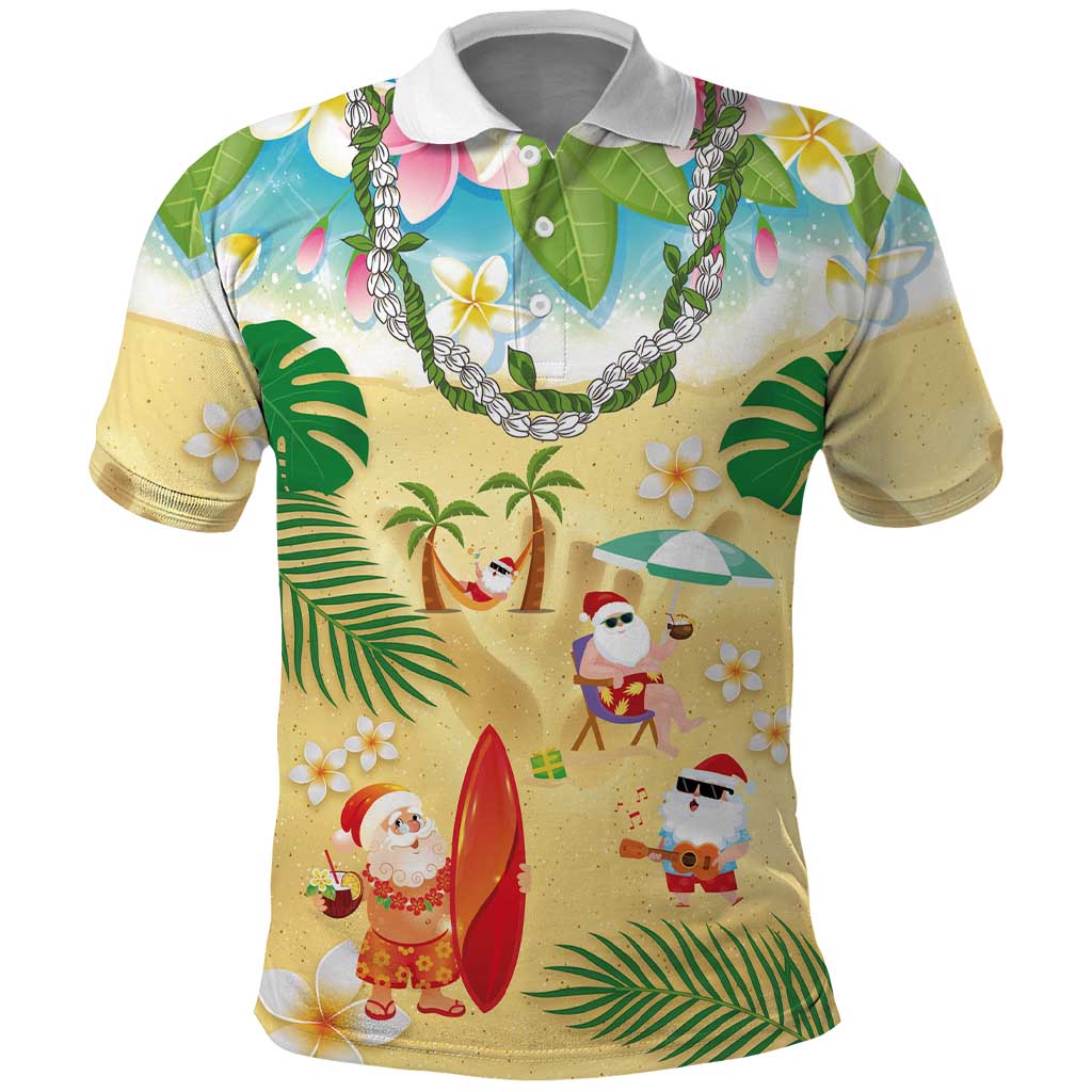 Hawaiian Mele Kalikimaka Polo Shirt Tropical Plumeria and Lei Funny Santa Beach - Polynesian Pride