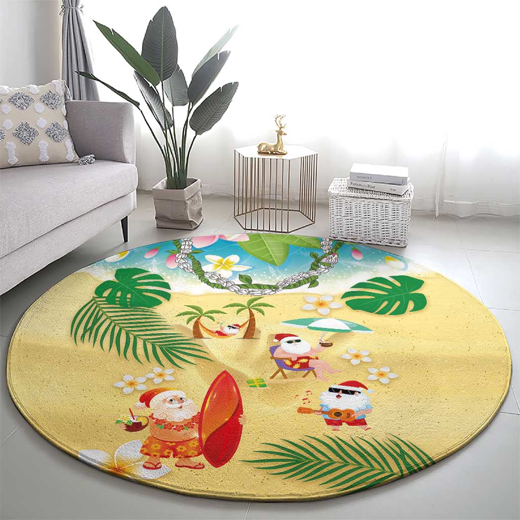 Hawaiian Mele Kalikimaka Round Carpet Tropical Plumeria and Lei Funny Santa Beach LT03 - Polynesian Pride