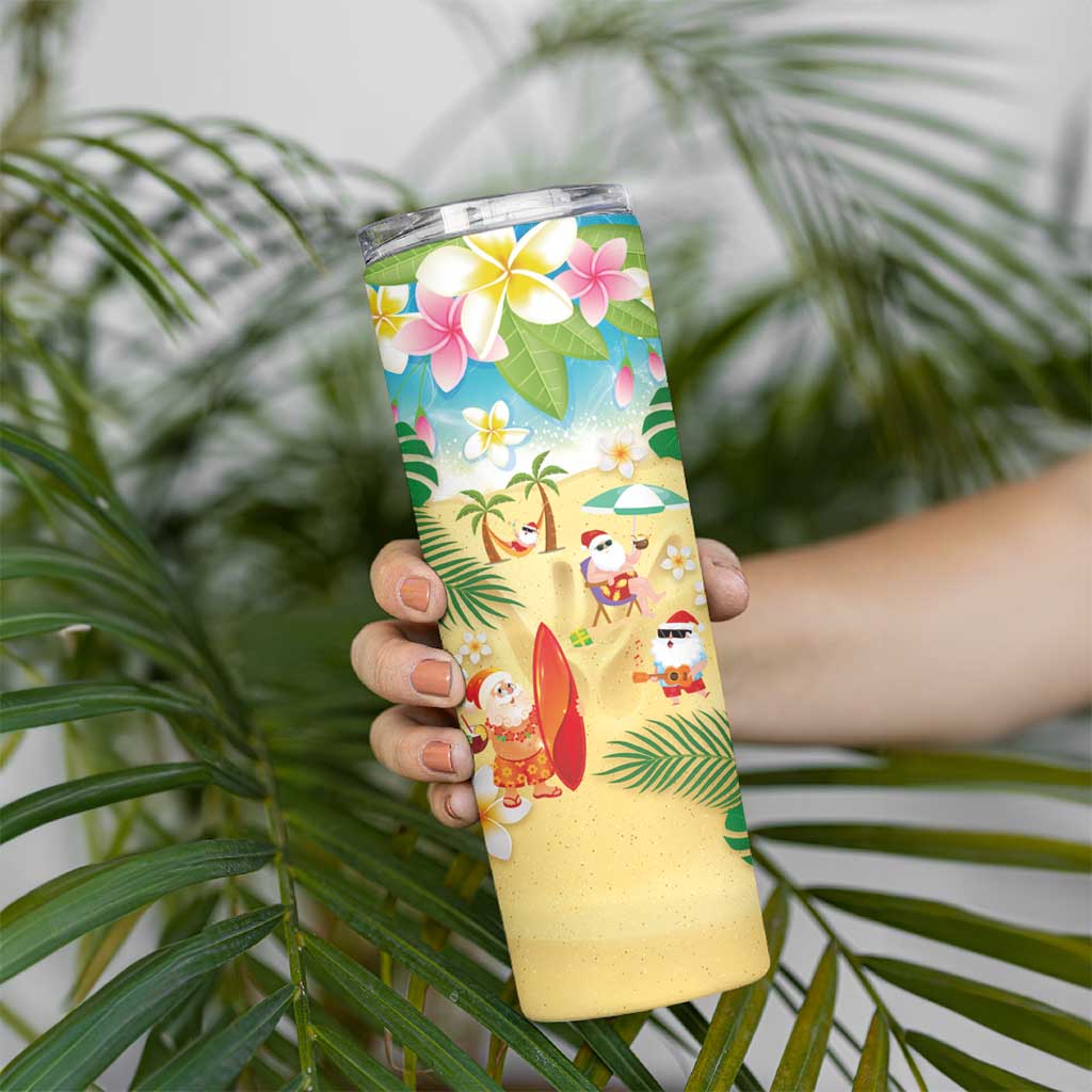 Hawaiian Mele Kalikimaka Skinny Tumbler Tropical Plumeria and Lei Funny Santa Beach - Polynesian Pride