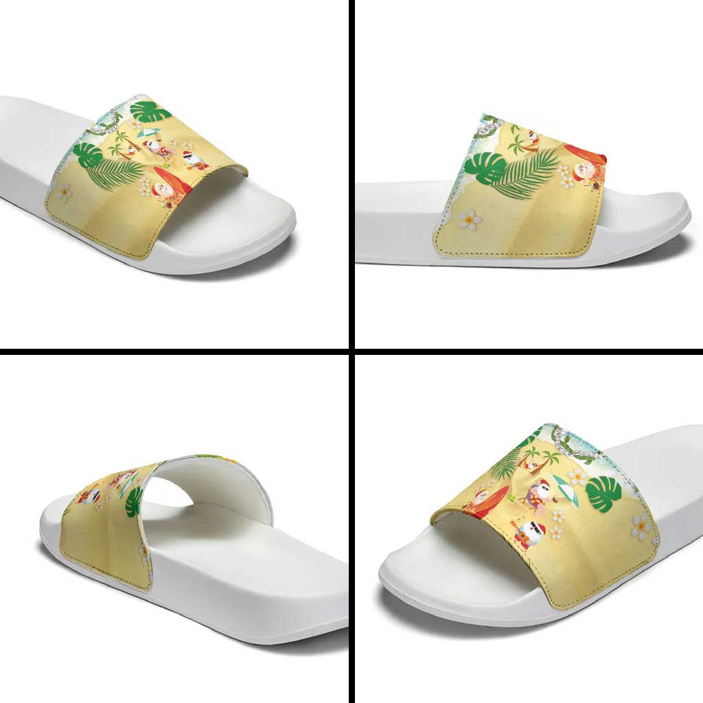 Hawaiian Mele Kalikimaka Slide Sandals Tropical Plumeria and Lei Funny Santa Beach - Polynesian Pride