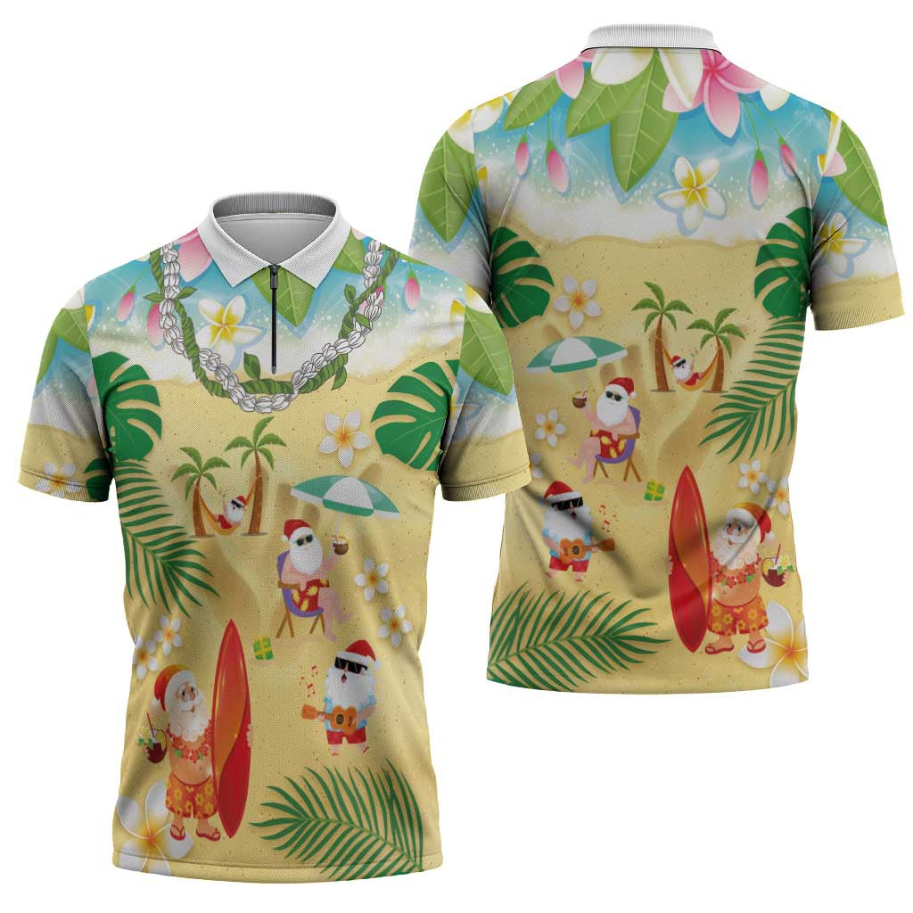 Hawaiian Mele Kalikimaka Zipper Polo Shirt Tropical Plumeria and Lei Funny Santa Beach - Polynesian Pride