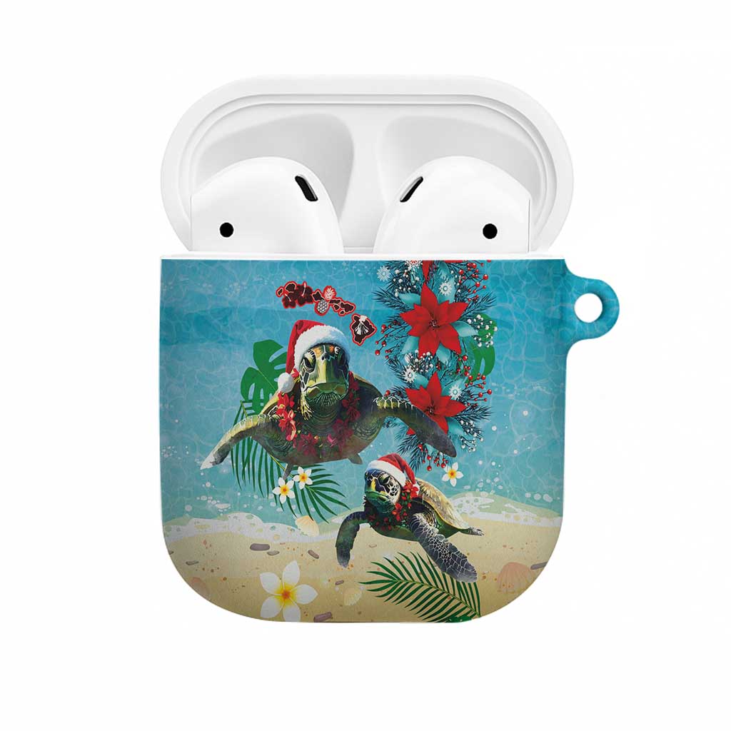 Hawaiian Mele Kalikimaka AirPods Case Tropical Xmas Turtles Red Poinsettia Watercolor - Polynesian Pride