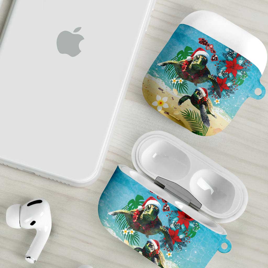 Hawaiian Mele Kalikimaka AirPods Case Tropical Xmas Turtles Red Poinsettia Watercolor - Polynesian Pride