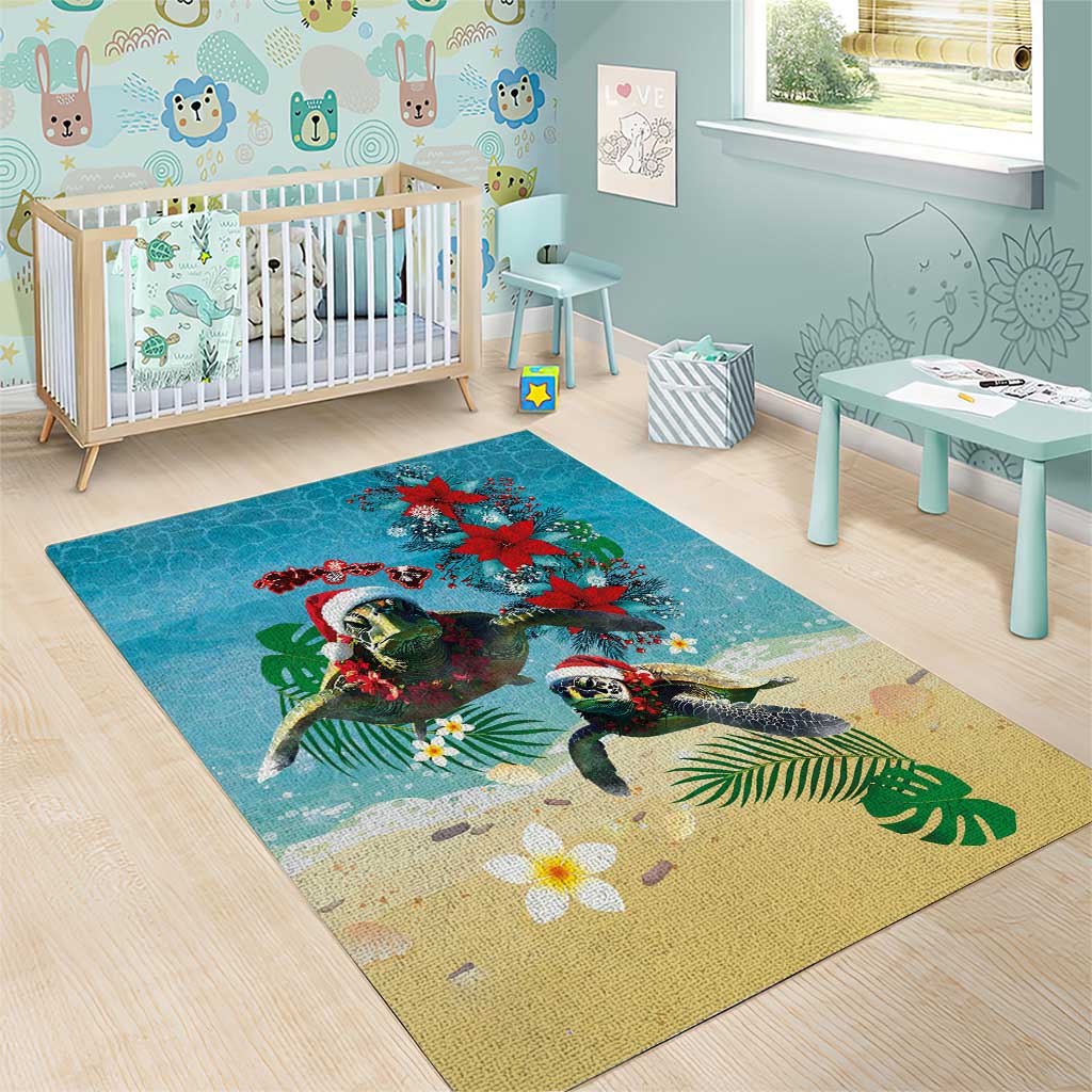 Hawaiian Mele Kalikimaka Area Rug Tropical Xmas Turtles Red Poinsettia Watercolor - Polynesian Pride