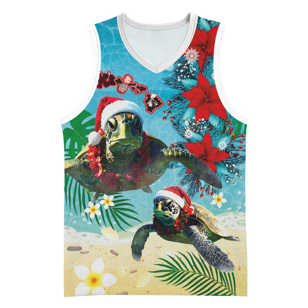 Hawaiian Mele Kalikimaka Basketball Jersey Tropical Xmas Turtles Red Poinsettia Watercolor - Polynesian Pride