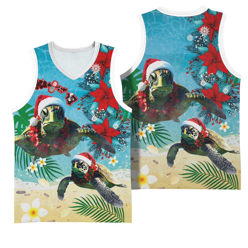 Hawaiian Mele Kalikimaka Basketball Jersey Tropical Xmas Turtles Red Poinsettia Watercolor - Polynesian Pride