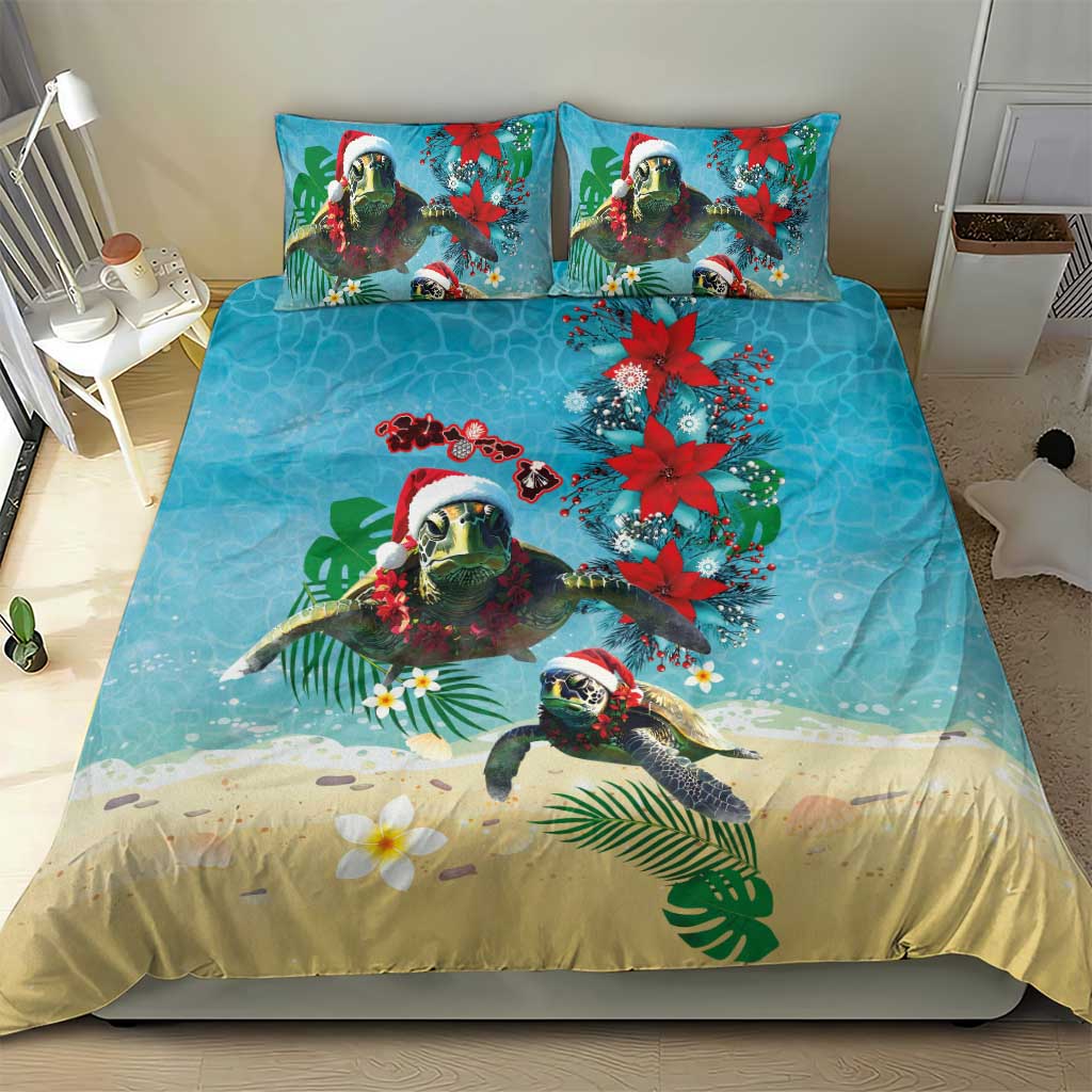 Hawaiian Mele Kalikimaka Bedding Set Tropical Xmas Turtles Red Poinsettia Watercolor - Polynesian Pride