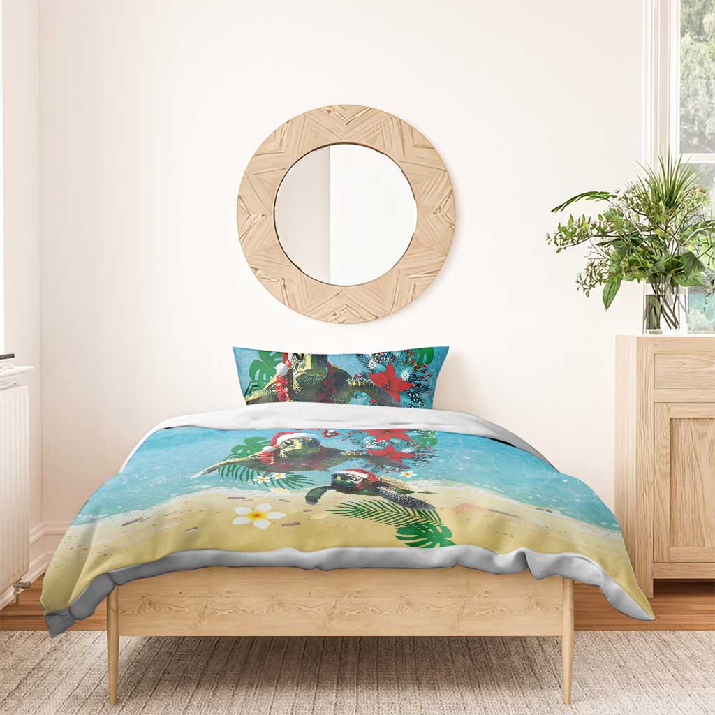 Hawaiian Mele Kalikimaka Bedding Set Tropical Xmas Turtles Red Poinsettia Watercolor - Polynesian Pride