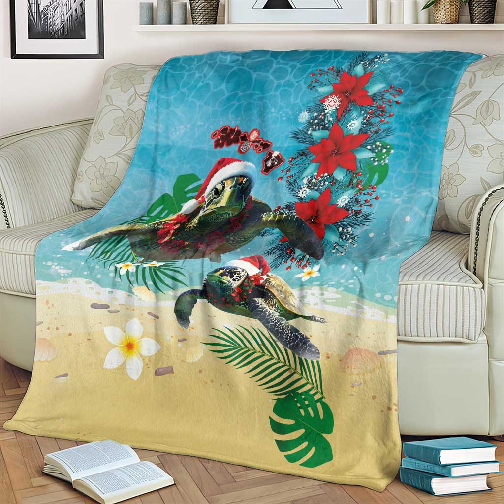 Hawaiian Mele Kalikimaka Blanket Tropical Xmas Turtles Red Poinsettia Watercolor LT03 - Polynesian Pride