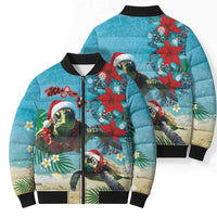 Hawaiian Mele Kalikimaka Bomber Puffer Jacket Tropical Xmas Turtles Red Poinsettia Watercolor - Polynesian Pride