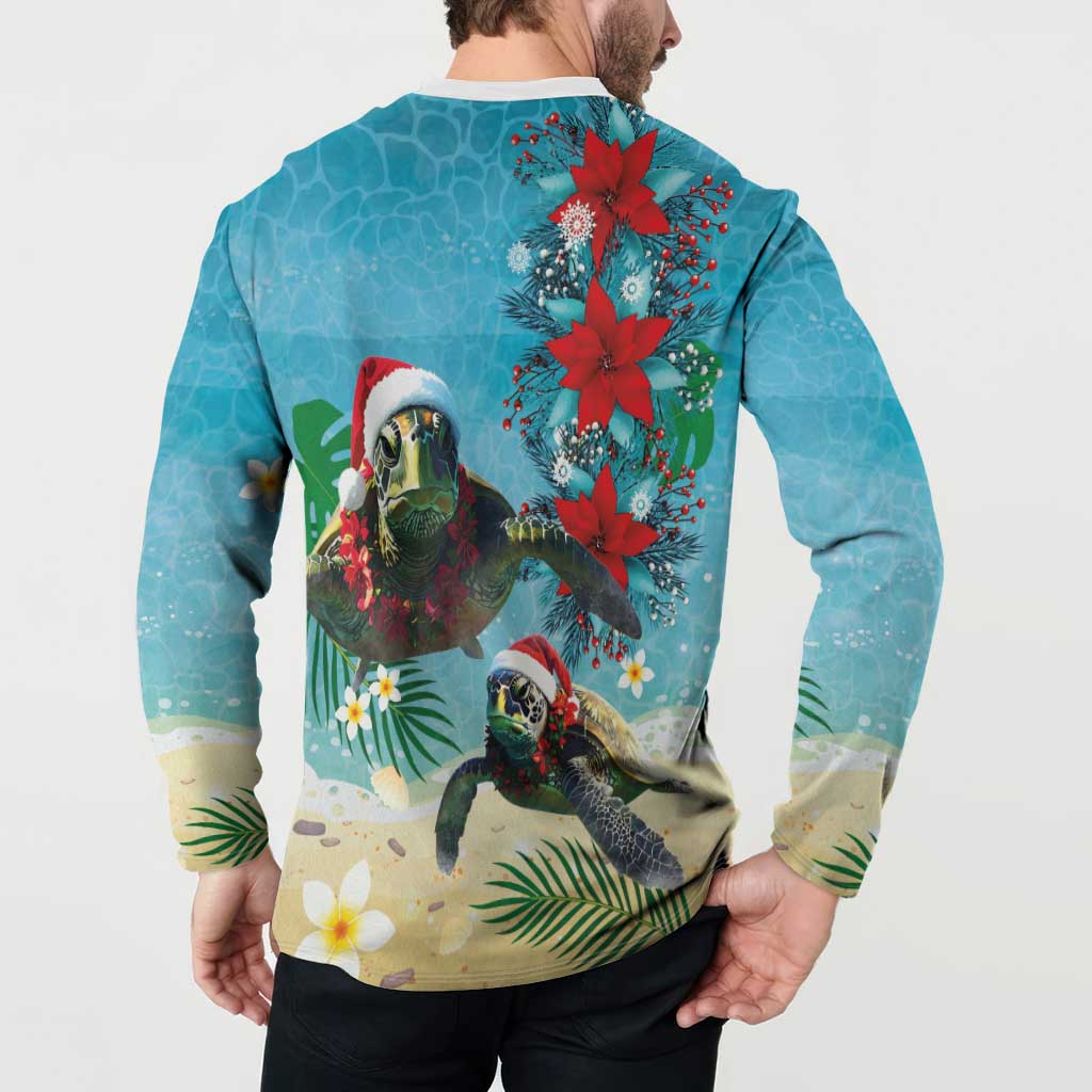Hawaiian Mele Kalikimaka Button Sweatshirt Tropical Xmas Turtles Red Poinsettia Watercolor - Polynesian Pride