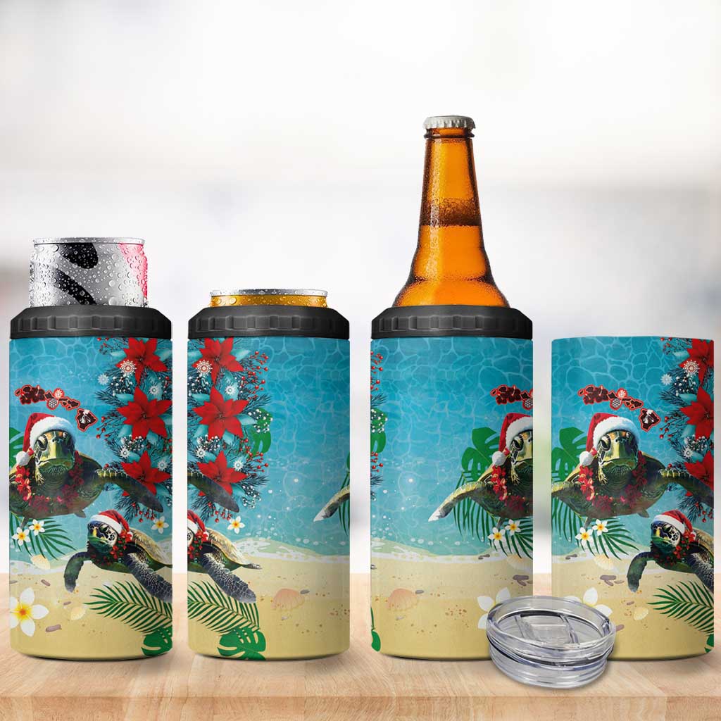 Hawaiian Mele Kalikimaka 4 in 1 Can Cooler Tumbler Tropical Xmas Turtles Red Poinsettia Watercolor - Polynesian Pride