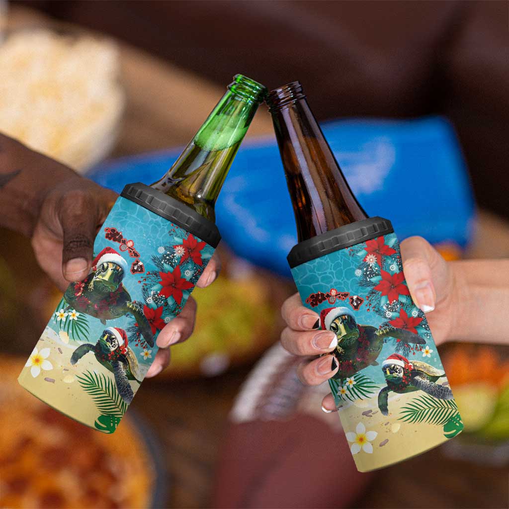 Hawaiian Mele Kalikimaka 4 in 1 Can Cooler Tumbler Tropical Xmas Turtles Red Poinsettia Watercolor - Polynesian Pride