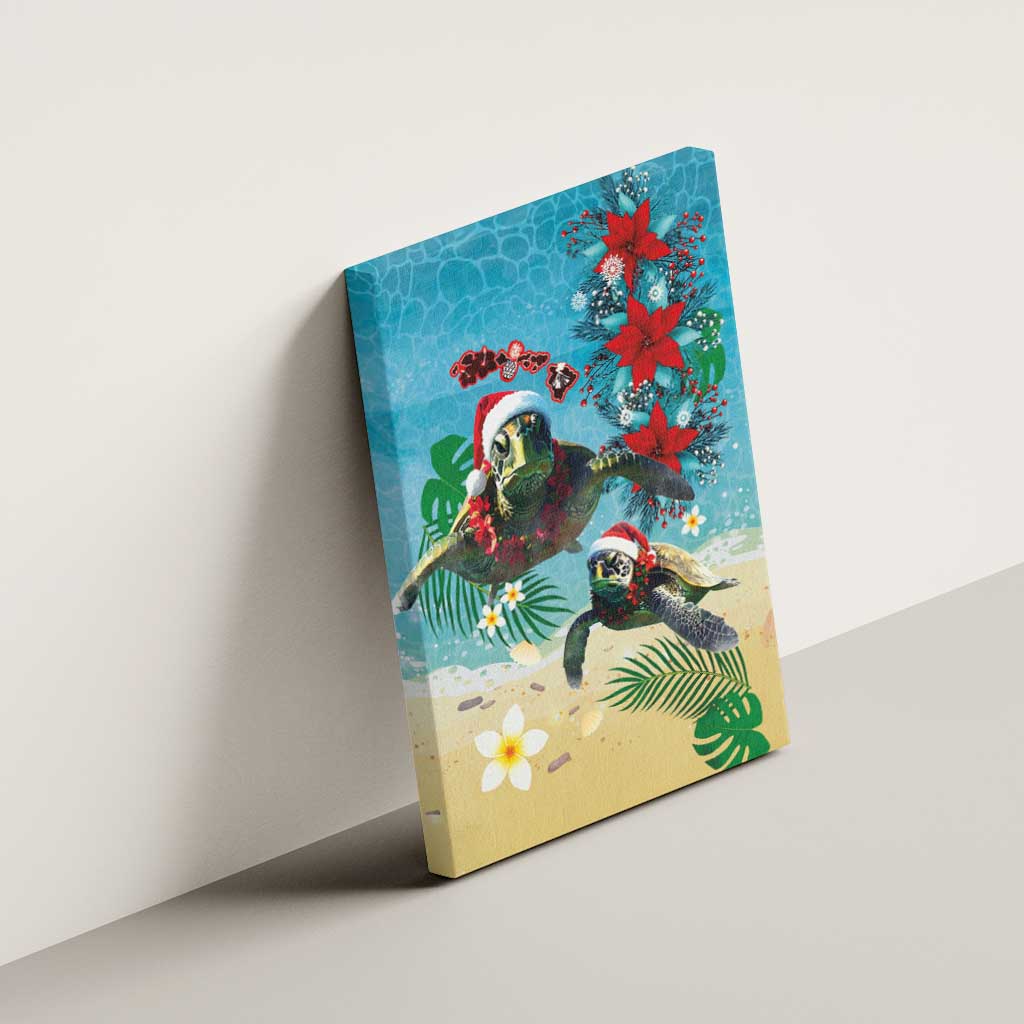 Hawaiian Mele Kalikimaka Canvas Wall Art Tropical Xmas Turtles Red Poinsettia Watercolor - Polynesian Pride