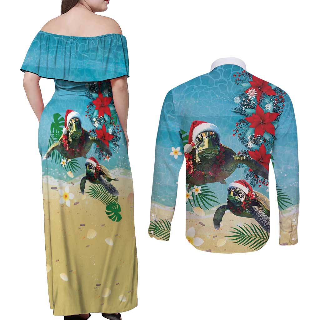 Hawaiian Mele Kalikimaka Couples Matching Off Shoulder Maxi Dress and Long Sleeve Button Shirt Tropical Xmas Turtles Red Poinsettia Watercolor - Polynesian Pride
