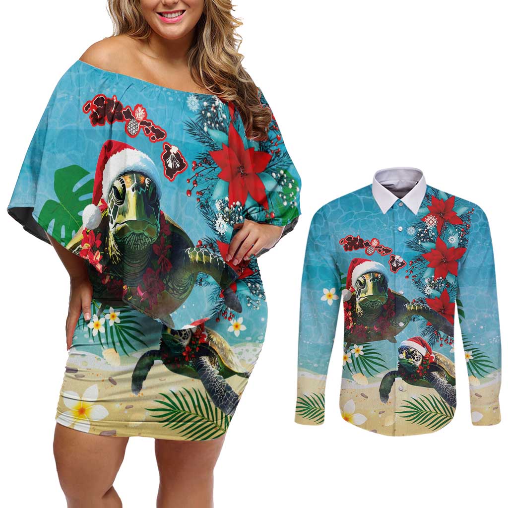 Hawaiian Mele Kalikimaka Couples Matching Off Shoulder Short Dress and Long Sleeve Button Shirt Tropical Xmas Turtles Red Poinsettia Watercolor - Polynesian Pride