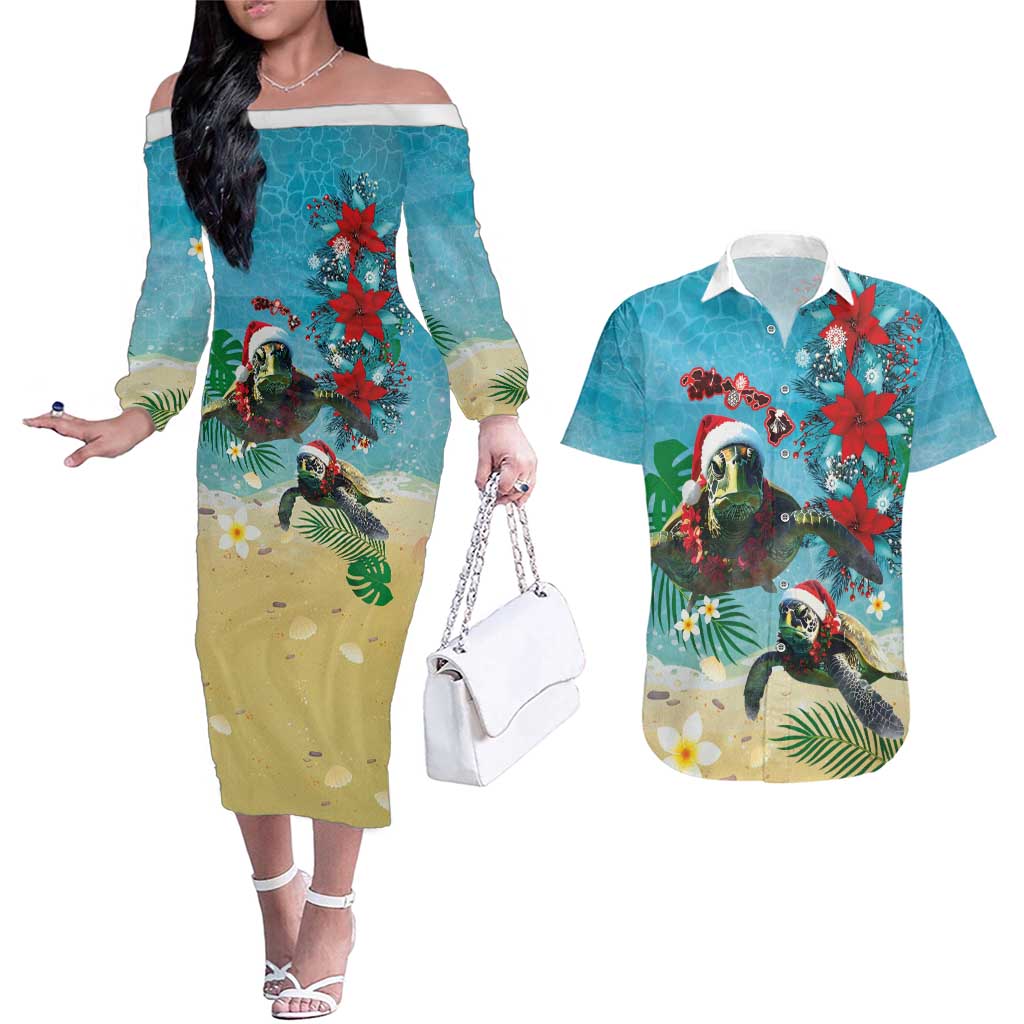 Hawaiian Mele Kalikimaka Couples Matching Off The Shoulder Long Sleeve Dress and Hawaiian Shirt Tropical Xmas Turtles Red Poinsettia Watercolor - Polynesian Pride