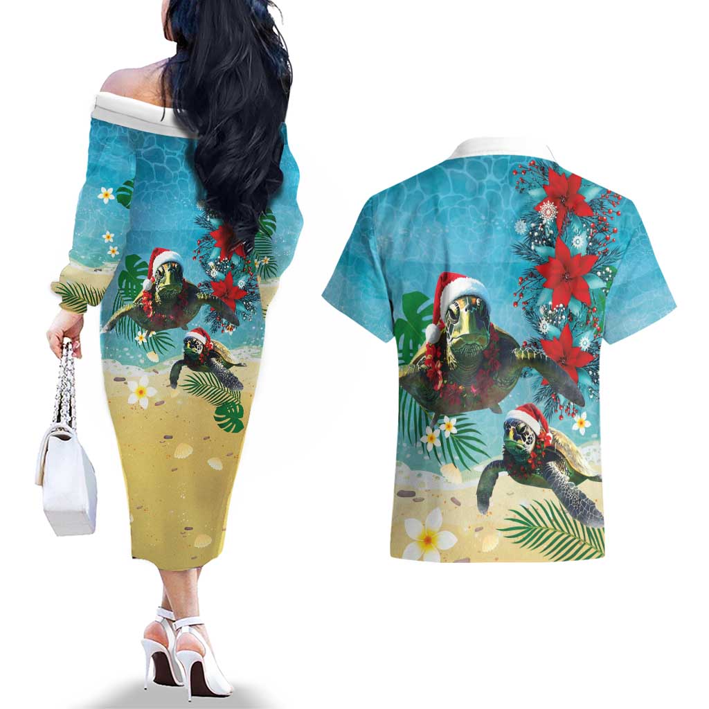 Hawaiian Mele Kalikimaka Couples Matching Off The Shoulder Long Sleeve Dress and Hawaiian Shirt Tropical Xmas Turtles Red Poinsettia Watercolor - Polynesian Pride